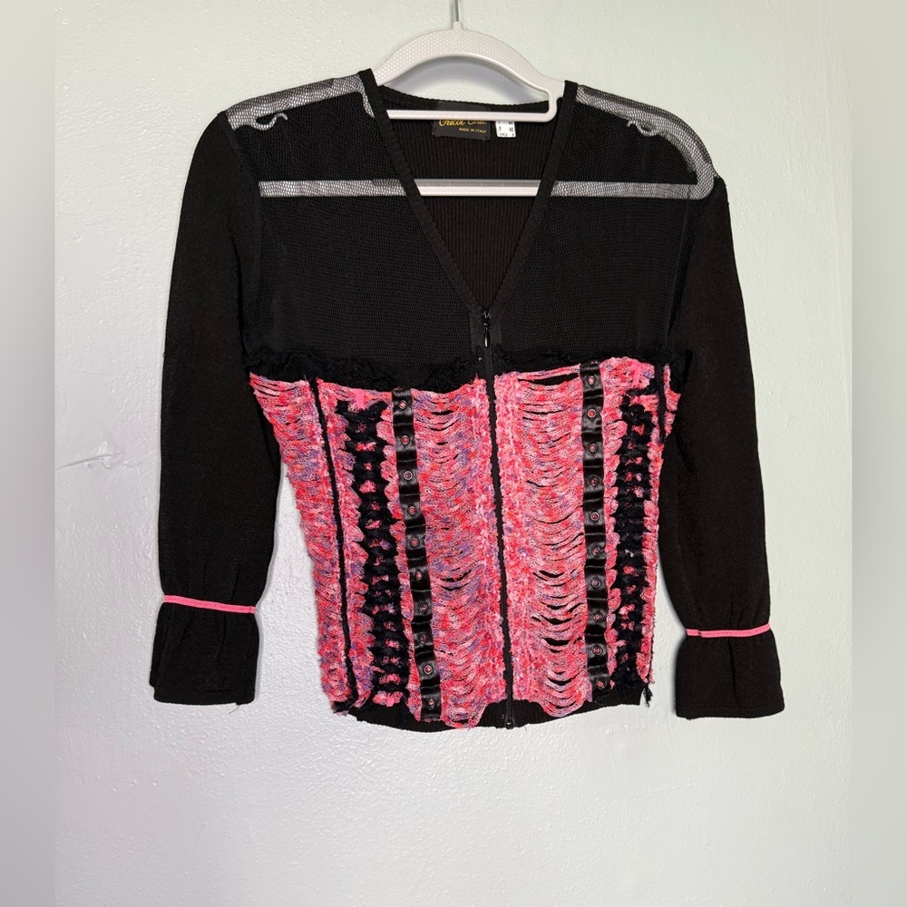 Tricot Chic Italy‎ y2k pink and black mesh blouse